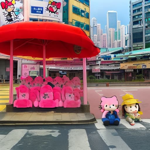  draw rilakkakuma , background in Hong Kong victoria habour, with hello kitty sit next to it，