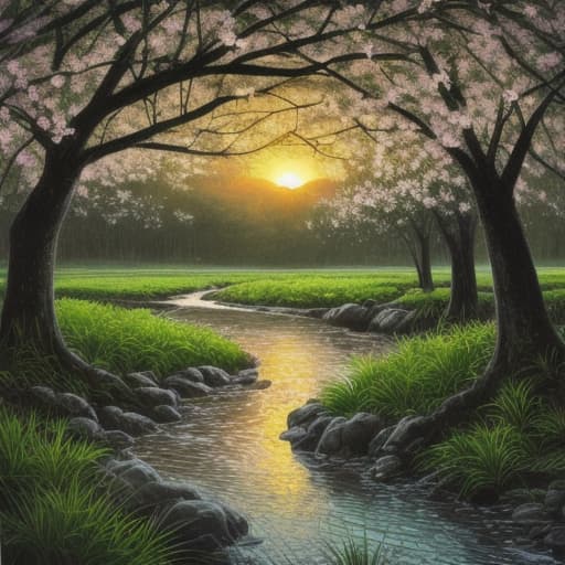  soft light. sunset. spring. flowers. the green grove. a stormy river. leaves. black