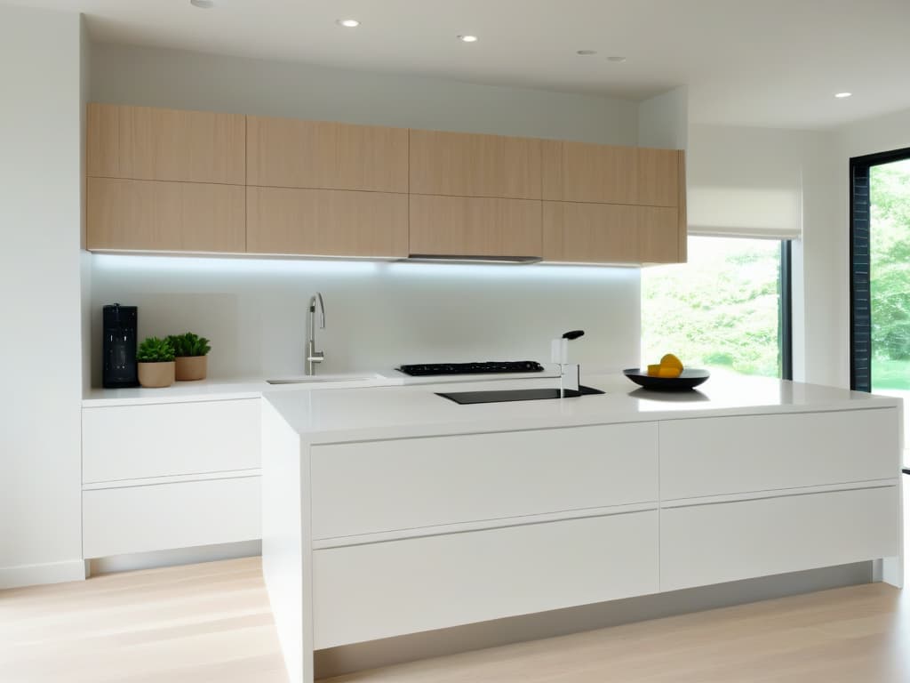  A beautifully designed, minimalist kitchen space featuring inclusive design elements such as lower countertops, touchsensitive appliances, and clear visual cues for individuals with hearing impairments. The space is flooded with natural light, showcasing sleek, modern cabinetry and thoughtful accessibility features that cater to a diverse range of needs. hyperrealistic, full body, detailed clothing, highly detailed, cinematic lighting, stunningly beautiful, intricate, sharp focus, f/1. 8, 85mm, (centered image composition), (professionally color graded), ((bright soft diffused light)), volumetric fog, trending on instagram, trending on tumblr, HDR 4K, 8K