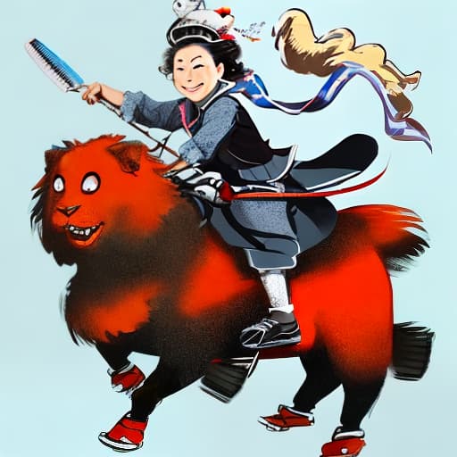  Einstein hairstyle, Xiong Er's face, evil smile, female, toothbrush in left hand, sword in right hand, mountain hat on head, riding bicycle,