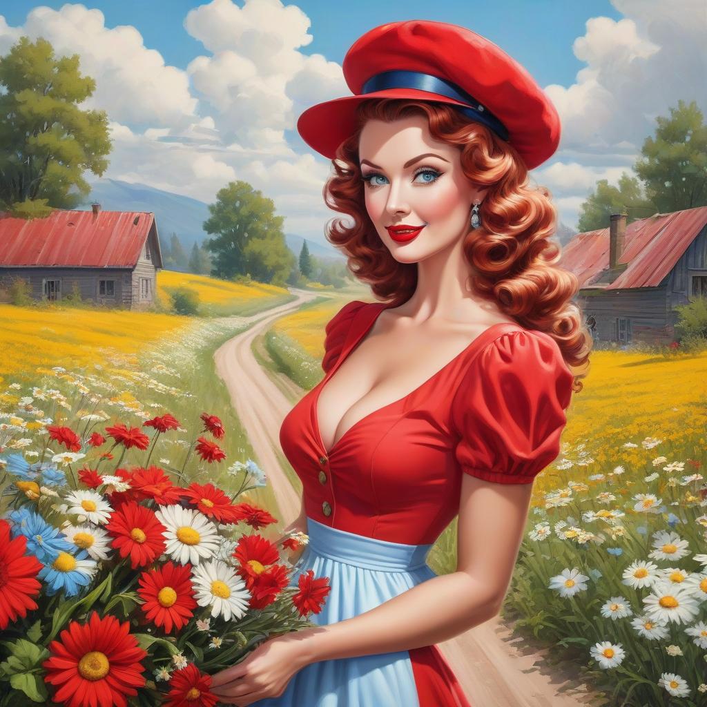  Very pretty with curls, blue eyes, red potted dress, dress. Red hat. All in pinup style. The has a cheerful look, in her hand a bouquet of field daisies. Brightly colored lipstick. Detailed elaboration, detailed drawing, careful and detailed elaboration of all parts of the masterpiece. It's like a living thing, realism. Dusty busy road. Soviet entourage. Alfonso Mucha, Honoré Fargonard. hyperrealistic, full body, detailed clothing, highly detailed, cinematic lighting, stunningly beautiful, intricate, sharp focus, f/1. 8, 85mm, (centered image composition), (professionally color graded), ((bright soft diffused light)), volumetric fog, trending on instagram, trending on tumblr, HDR 4K, 8K