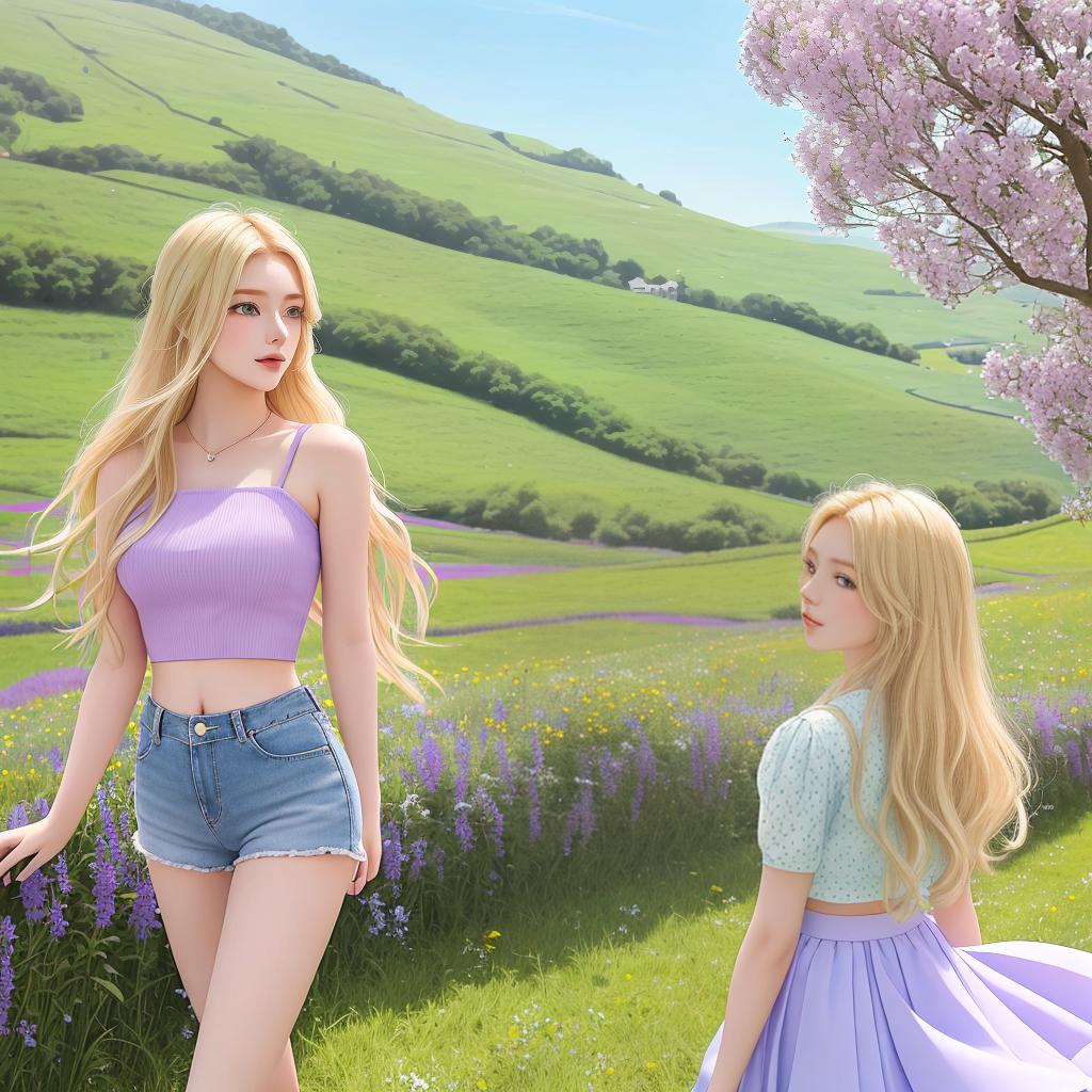  masterpiece, best quality, A young woman with flowing blonde hair and piercing blue eyes stands in a sunlit field. She is dressed in a pastel purple crop top that perfectly complements her fair complexion. Her slender figure is accentuated by a pair of stylish short shorts. Her baddie nails add a touch of edginess to her overall look. The environment is a picturesque countryside with rolling green hills and colorful wildflowers. The mood is carefree and youthful, evoking a sense of summer adventure. The style is photography, capturing the beauty of natural surroundings. Soft, warm lighting enhances the dreamy atmosphere, casting a gentle glow on the woman's features. The realization is achieved through a high-resolution camera with a shallo