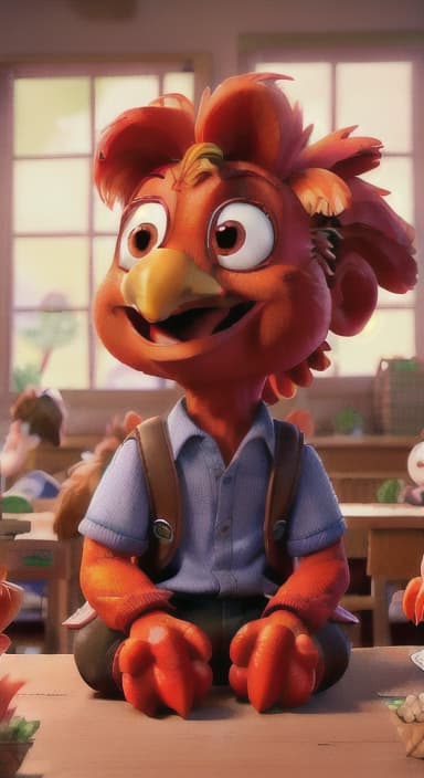  {Rooster sitting with children at a table, pecking at a small pile of seeds., A bright red and orange rooster with shiny feathers and a curious expression; he wears a small backpack. Other characters throughout the story include young children, teachers, and various animals, all with friendly and approachable faces.