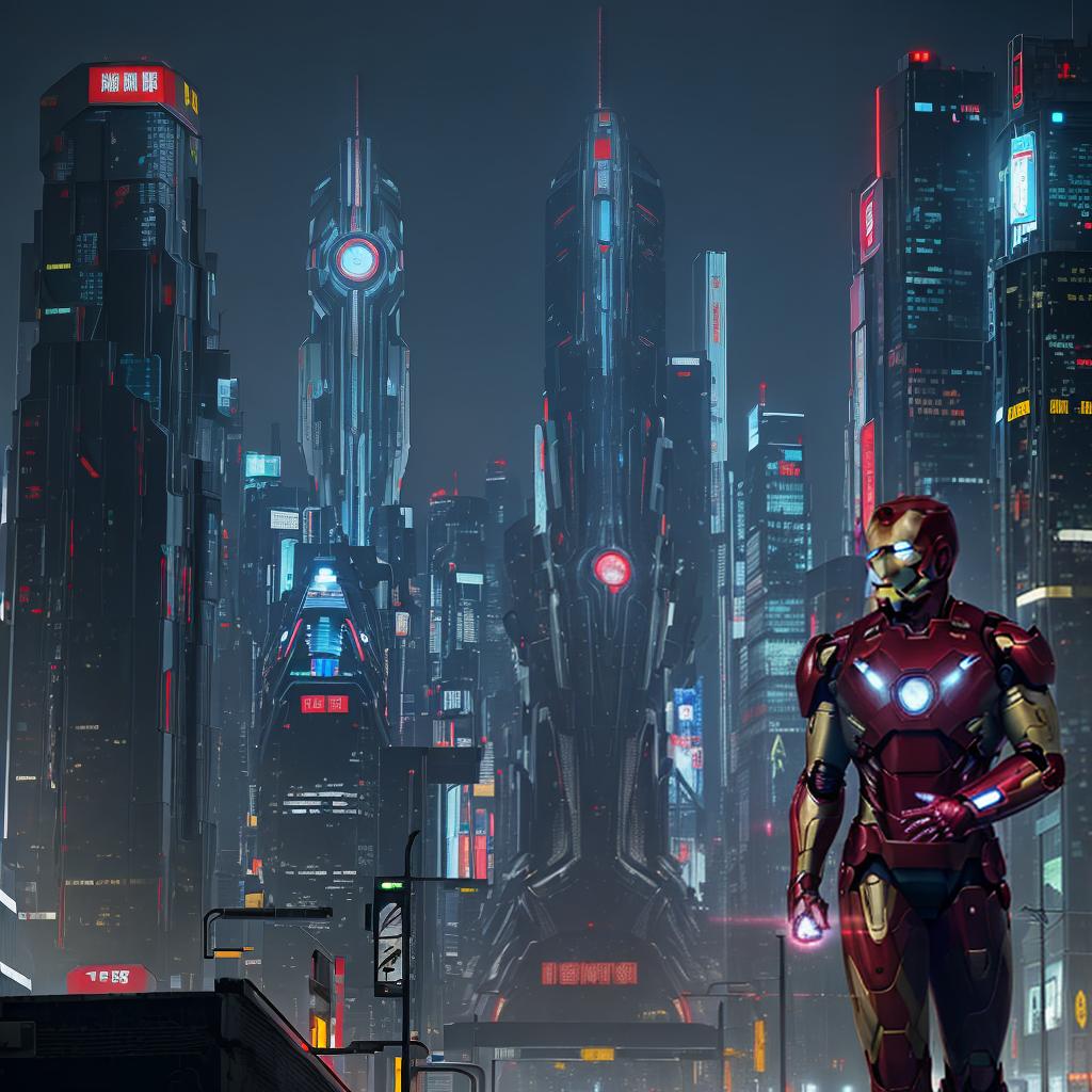  masterpiece, best quality, Best quality, masterpiece, 8k resolution, realistic, highly detailed, close up of Iron Man. In a cyberpunk-style night scene of the city, he stands on a street lined with tall buildings. The city's night lights are bright, The surrounding buildings and streets are filled with cyberpunk elements such as neon lights, high-tech devices, and futuristic architectural designs.