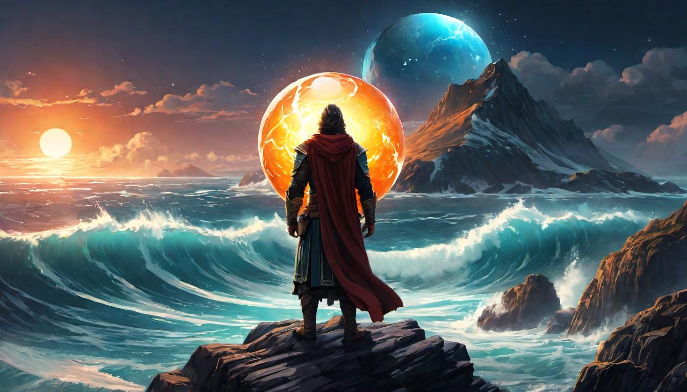  digital illustration, A figure standing before a vast ocean, holding a brightly glowing orb, representing the power of belief as a force that can move mountains, potential unleashed, horizons expanded, looking at viewer, dynamic pose, (intricate details, masterpiece, best quality)