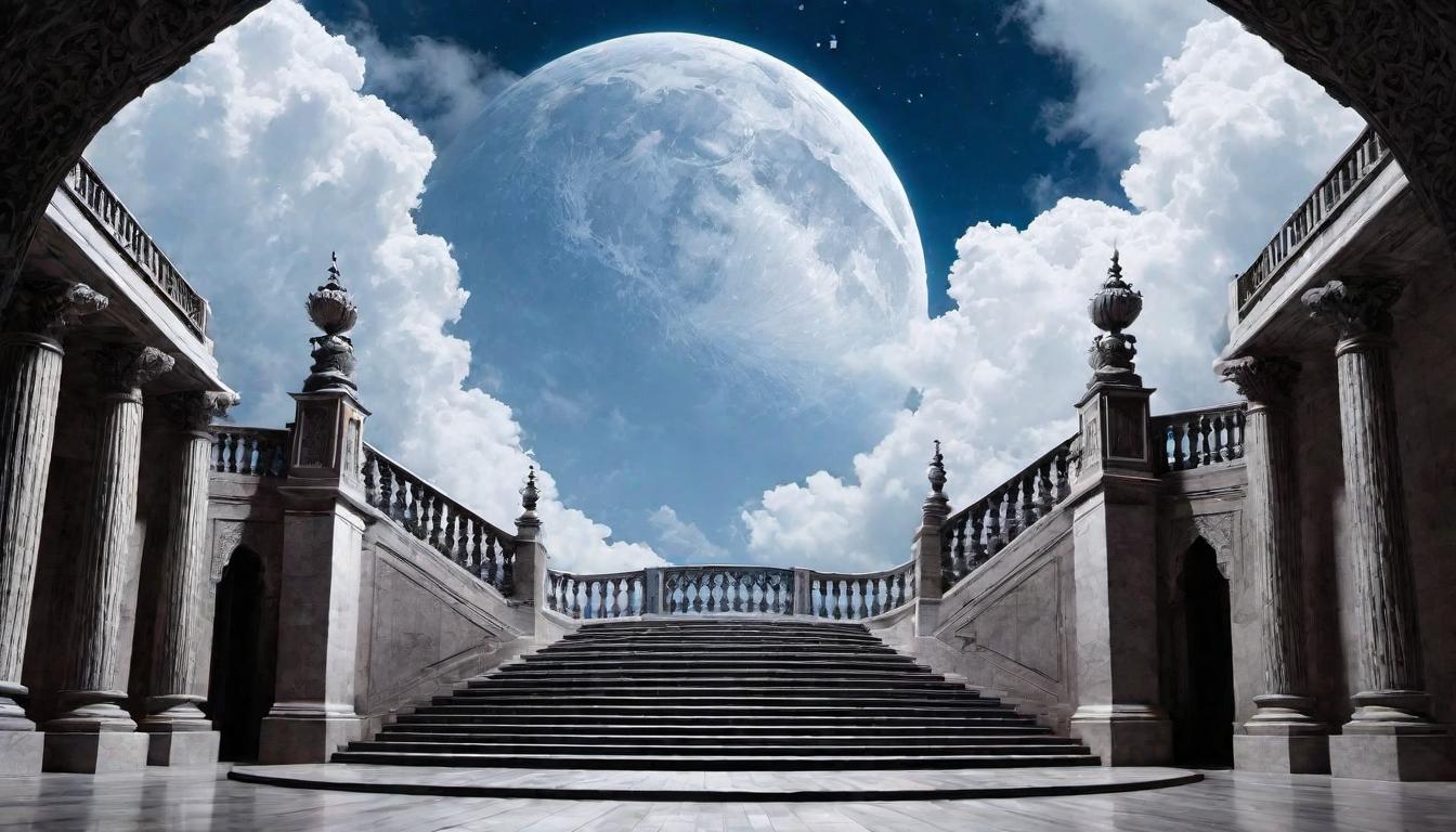  （surrealism)A grand staircase, bold marble steps, ascending towards a celestial light at the top, ornate railings with intricate patterns, heavenly glow, ethereal atmosphere mystic, intricate details, best quality)