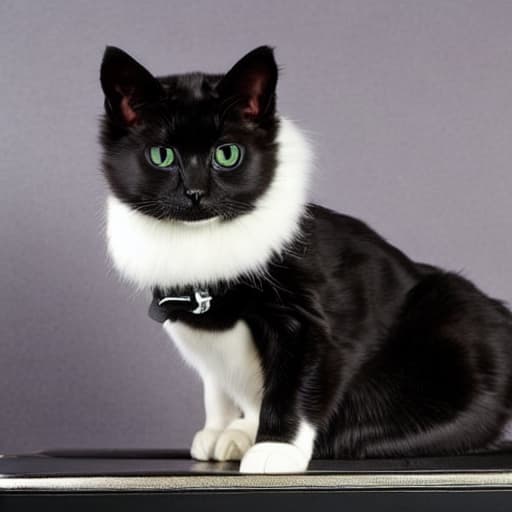  a small, frail and skinny cat. Completely black, only one of his front paws is painted white, wearing a collar with dog fangs, his eyes are a piercing blue color