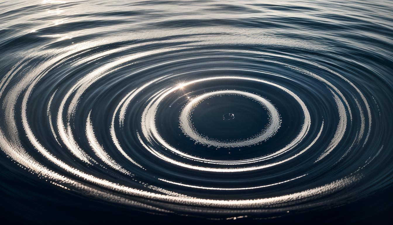  cinematic, aesthetic, Concentric circles on water, starting from a single drop, ripples expanding, each ring detailed with subtle waves, water reflecting a calm sky, circles symbolizing impact, continuation, 4k, HDR, lens flare