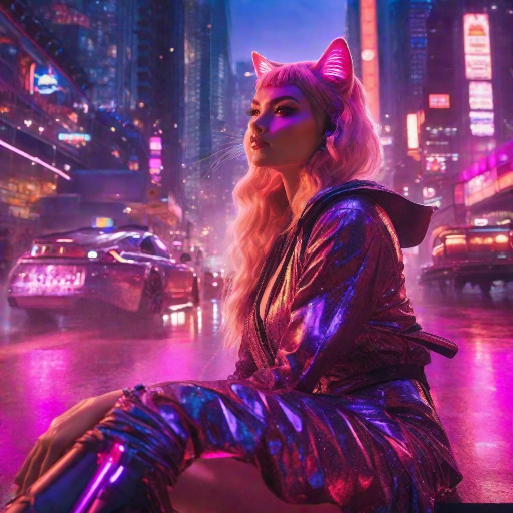  a woman with a cat's head, in glitter, in the mist, in the night, with purple and pink neon lights hyperrealistic, full body, detailed clothing, highly detailed, cinematic lighting, stunningly beautiful, intricate, sharp focus, f/1. 8, 85mm, (centered image composition), (professionally color graded), ((bright soft diffused light)), volumetric fog, trending on instagram, trending on tumblr, HDR 4K, 8K