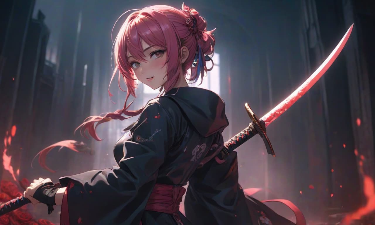  anime artwork A character named Yuna with rose colored hair, holding a katana in hand, has bloodstains on her face, and a maniacal smile as she murders people by splitting them in half in a dark room with dim neon lighting where many people have already been killed and blood is everywhere. There should also be more bodies and a lot more blood. Yuna should be standing next to her dead people as tall as possible, but the image should be as dynamic as possible. . anime style, key visual, vibrant, studio anime, highly detailed hyperrealistic, full body, detailed clothing, highly detailed, cinematic lighting, stunningly beautiful, intricate, sharp focus, f/1. 8, 85mm, (centered image composition), (professionally color graded), ((bright soft diffused light)), volumetric fog, trending on instagram, trending on tumblr, HDR 4K, 8K