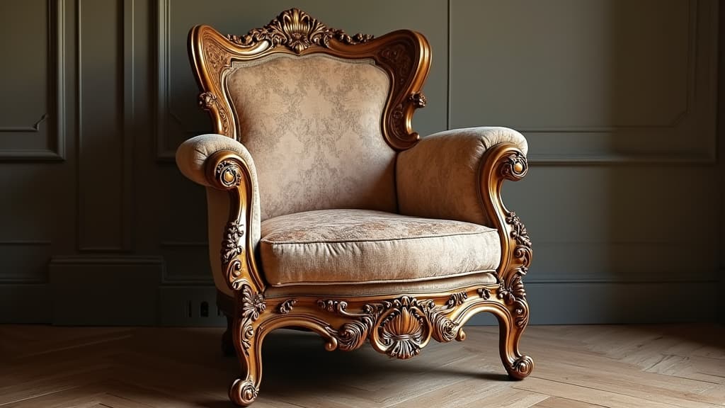  good quality, high quality, an intricately designed antique chair featuring ornate carvings and luxurious upholstery, perfect for elegant interiors.