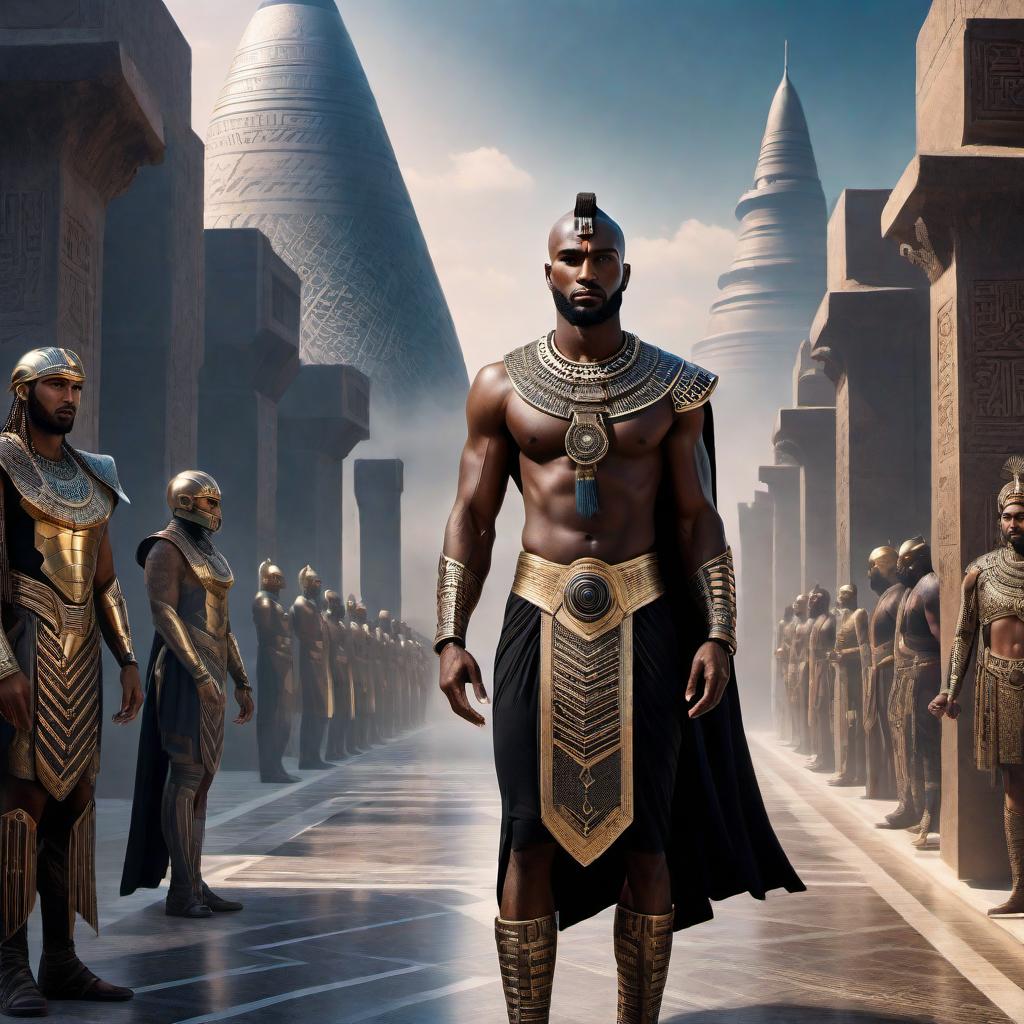  Create a futuristic Anunnaki black man. The character should have an advanced, otherworldly appearance, combining elements of ancient Sumerian culture with high-tech, futuristic aspects. He should have a powerful and regal presence, with intricate, glowing tattoos or markings on his dark skin. Incorporate elements like advanced armor, technology-enhanced clothing, and perhaps some extraterrestrial characteristics such as elongated features or unique eye designs. The background should be a blend of ancient Mesopotamian architecture and futuristic cityscapes, with a color scheme that conveys a mix of mysticism and advanced civilization. hyperrealistic, full body, detailed clothing, highly detailed, cinematic lighting, stunningly beautiful, intricate, sharp focus, f/1. 8, 85mm, (centered image composition), (professionally color graded), ((bright soft diffused light)), volumetric fog, trending on instagram, trending on tumblr, HDR 4K, 8K