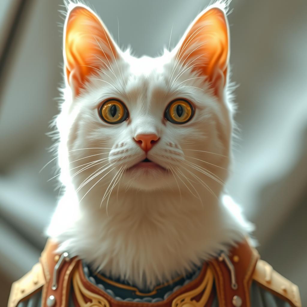  a white cat hyperrealistic, full body, detailed clothing, highly detailed, cinematic lighting, stunningly beautiful, intricate, sharp focus, f/1. 8, 85mm, (centered image composition), (professionally color graded), ((bright soft diffused light)), volumetric fog, trending on instagram, trending on tumblr, HDR 4K, 8K