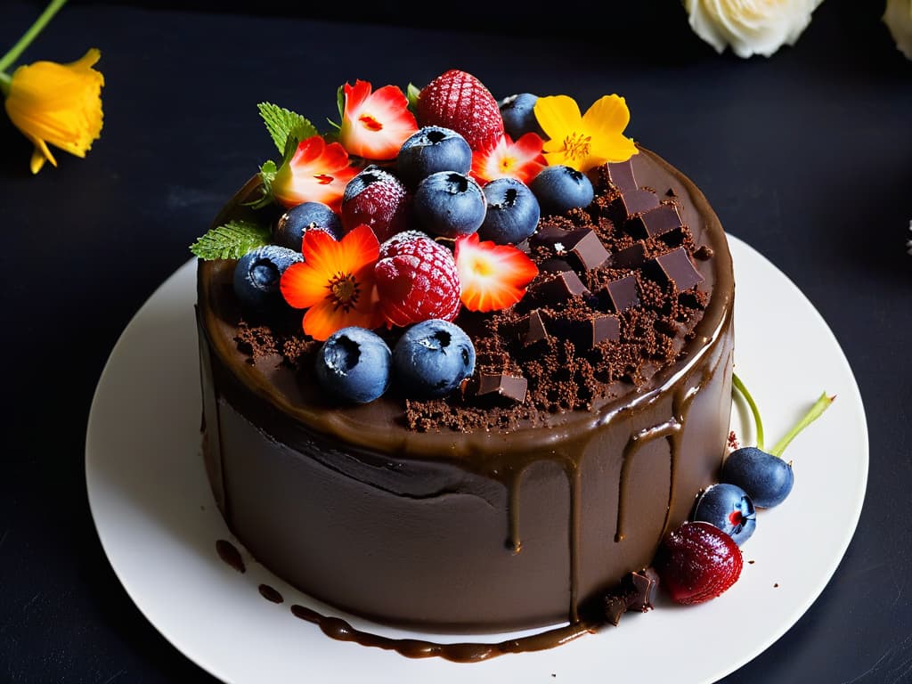  A closeup, ultradetailed image of a decadent raw vegan chocolate cake topped with fresh berries and edible flowers, set on a sleek, white minimalist plate against a black background. The rich, glossy texture of the cake, the vibrant colors of the berries, and the delicate beauty of the flowers create a visually stunning and appetizing composition that perfectly complements the concept of exploring the flavors of raw desserts. hyperrealistic, full body, detailed clothing, highly detailed, cinematic lighting, stunningly beautiful, intricate, sharp focus, f/1. 8, 85mm, (centered image composition), (professionally color graded), ((bright soft diffused light)), volumetric fog, trending on instagram, trending on tumblr, HDR 4K, 8K