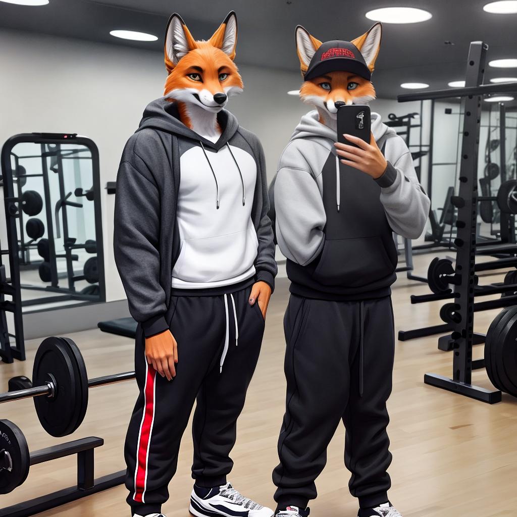  as a cinematic render, Anthro male fox, sweatshirt, sweatpants, in a gym, selfie, in mirror, smiling, full length portrait hyperrealistic, detailed clothing, 4K, 8K