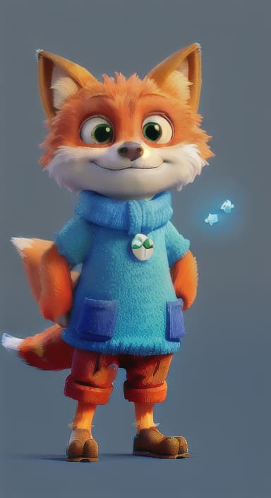  {Error the fox pressing the blue button with his paw, looking puzzled as nothing occurs., Error is a small, bright orange fox with a fluffy tail and big, inquisitive eyes. He has a mischievous yet kind expression and wears a tiny green scarf.