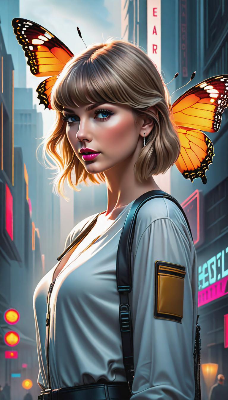  Cyberpunk style depiction of Taylor Swift as a butterfly . The scene is set in a world where technology has advanced, but society and human conditions have not, creating a gritty, dystopian atmosphere. hyperrealistic, full body, detailed clothing, highly detailed, cinematic lighting, stunningly beautiful, intricate, sharp focus, f/1. 8, 85mm, (centered image composition), (professionally color graded), ((bright soft diffused light)), volumetric fog, trending on instagram, trending on tumblr, HDR 4K, 8K