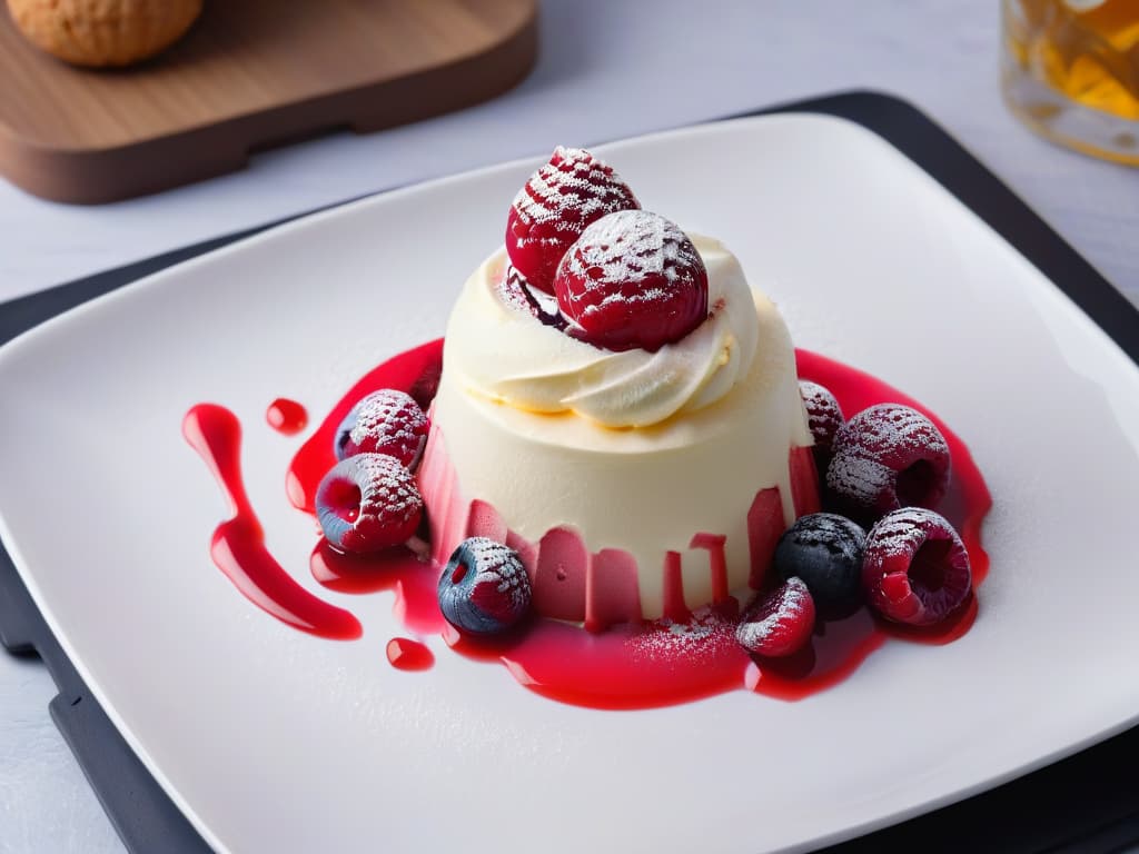  A closeup, ultradetailed image of a delicate scoop of creamy vanilla ice cream topped with a vibrant, glossy raspberry coulis, elegantly drizzled in a mesmerizing swirl pattern on a sleek, matte black plate. The contrasting textures of the smooth ice cream and the glossy coulis create a visually striking and appetizing minimalistic composition that embodies the essence of surprising contrasts in desserts. hyperrealistic, full body, detailed clothing, highly detailed, cinematic lighting, stunningly beautiful, intricate, sharp focus, f/1. 8, 85mm, (centered image composition), (professionally color graded), ((bright soft diffused light)), volumetric fog, trending on instagram, trending on tumblr, HDR 4K, 8K