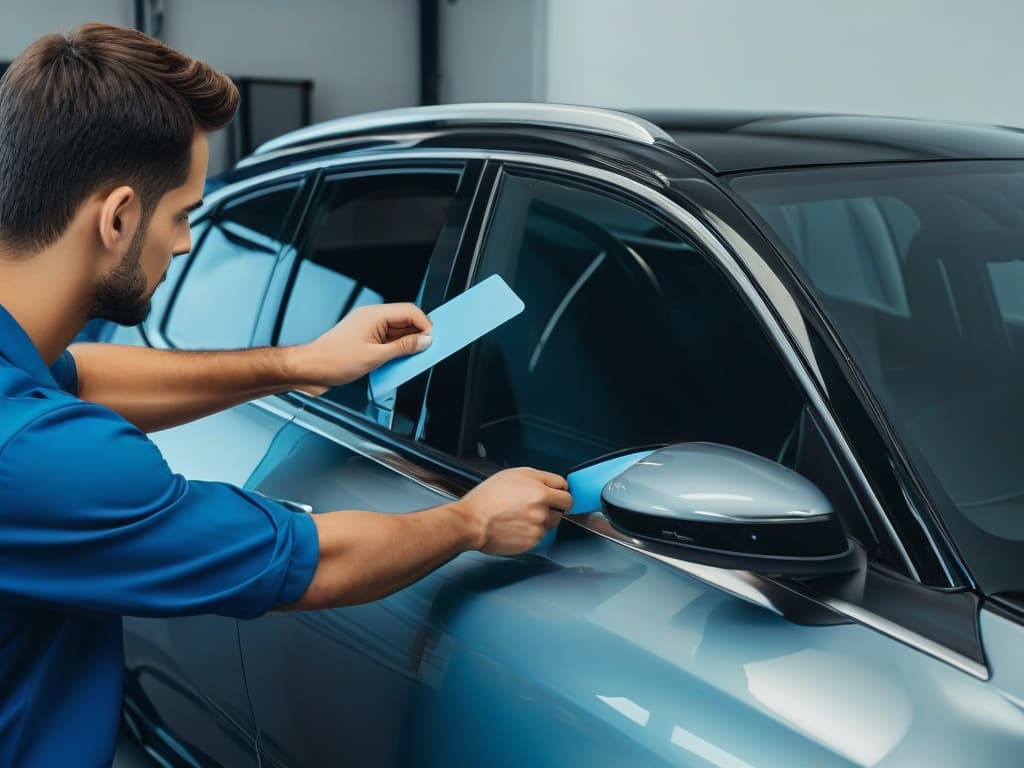  show a realistic image of a car, show a realistic man doing work on car's windows, specifcally the car's windows getting tints applied, gradually adjusting windows appearance to reflect tinting, man using card or some type of device demonstrating that he is applying tints to the windows of an automobile