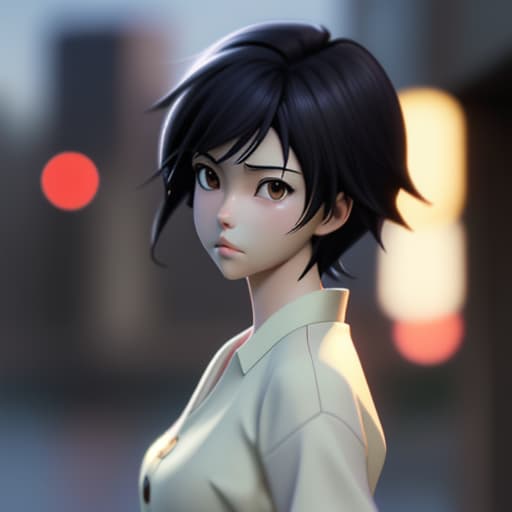  Makoto Shinkai style. semi - realistic anime style. asian. black hair. blurry. blurry background. blurry foreground. depth of field. lips. looking at viewer. realistic. solo. fashion. cinematic. 3D