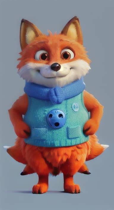  {Error the fox pressing the blue button with his paw, looking puzzled as nothing occurs., Error is a small, bright orange fox with a fluffy tail and big, inquisitive eyes. He has a mischievous yet kind expression and wears a tiny green scarf.