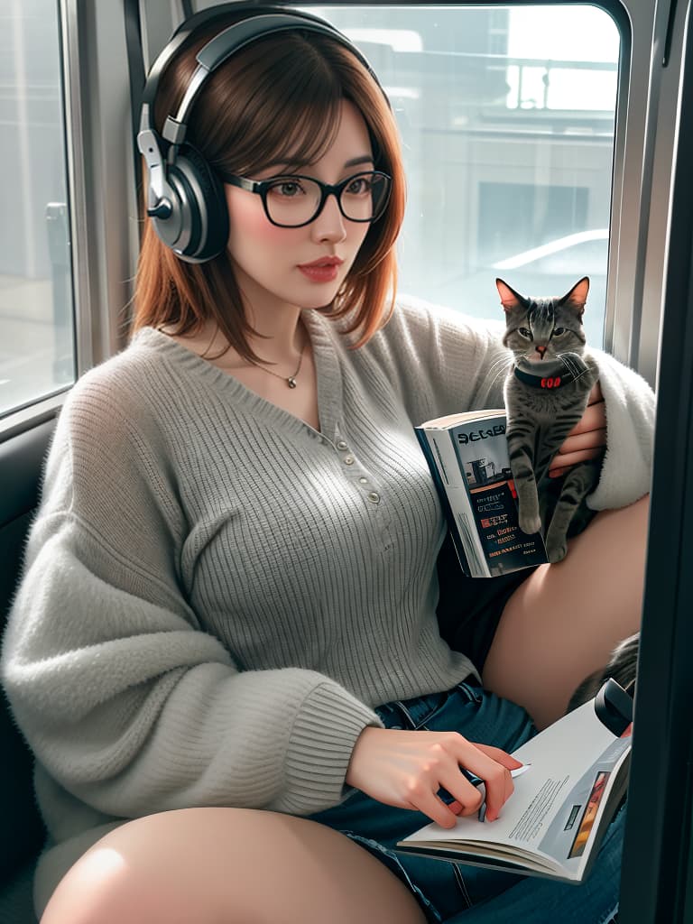  Realistic image of a cat wearing headphones and reading glasses while riding a bus., realsim, Rococo, hyperrealism, pixar, gta hyperrealistic, full body, detailed clothing, highly detailed, cinematic lighting, stunningly beautiful, intricate, sharp focus, f/1. 8, 85mm, (centered image composition), (professionally color graded), ((bright soft diffused light)), volumetric fog, trending on instagram, trending on tumblr, HDR 4K, 8K