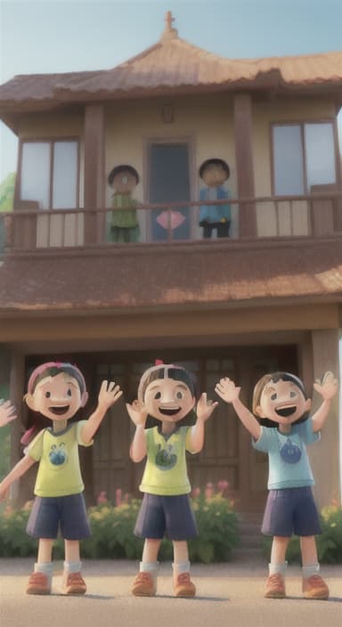  {A heartwarming scene of all the children waving goodbye with happy expressions., Children waving with wide smiles, looking grateful and content.