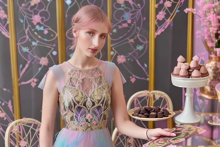  Beautiful Alica Schmidt (transparent lace multi colored pastel dress with visible)(pink cheeks)(shadow lighting)(Superrealism)(Foreground: open box of fine dark chocolates on a small serving table)(Background artdeco mansion)(gold scrollwork)(delicate hands and fingers)