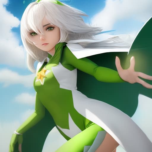  make a character superhero with white hair and green superhero costume and clouds around