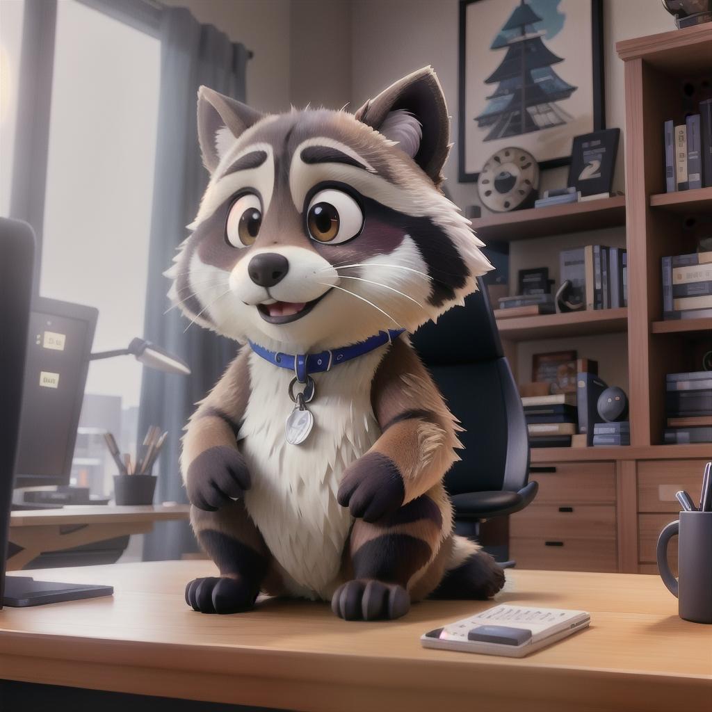  raccoon sitting in gaming chair front a computer on desktop, ((semi anthropomorphic)),(full body), tail, belly, sitting, fat, (chubby), (((white background))), solo, desktop, gaming chair, side view,  [[[clothes]]] hyperrealistic, full body, detailed clothing, highly detailed, cinematic lighting, stunningly beautiful, intricate, sharp focus, f/1. 8, 85mm, (centered image composition), (professionally color graded), ((bright soft diffused light)), volumetric fog, trending on instagram, trending on tumblr, HDR 4K, 8K