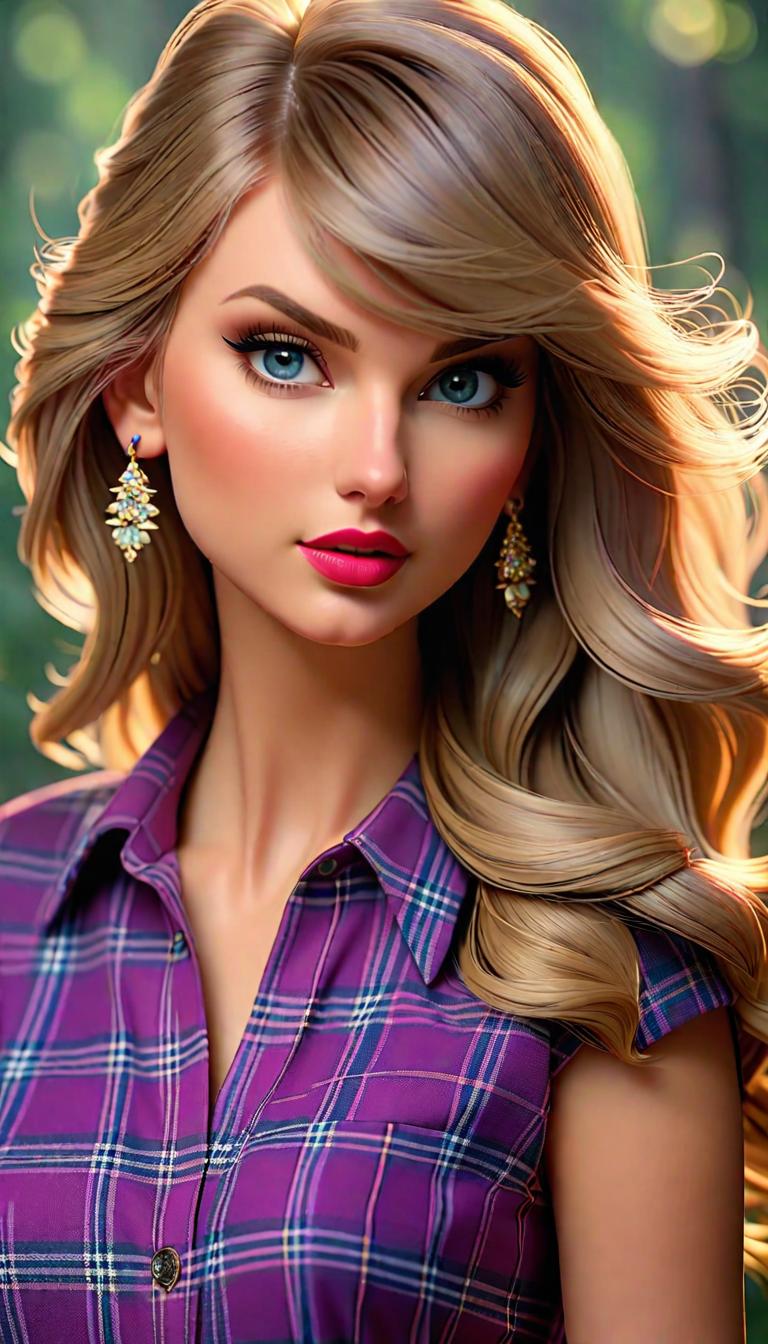  Professional 3D model of Taylor Swift wearing purple plaid . Rendered with Octane, the model is highly detailed,dramatic lighting. hyperrealistic, full body, detailed clothing, highly detailed, cinematic lighting, stunningly beautiful, intricate, sharp focus, f/1. 8, 85mm, (centered image composition), (professionally color graded), ((bright soft diffused light)), volumetric fog, trending on instagram, trending on tumblr, HDR 4K, 8K