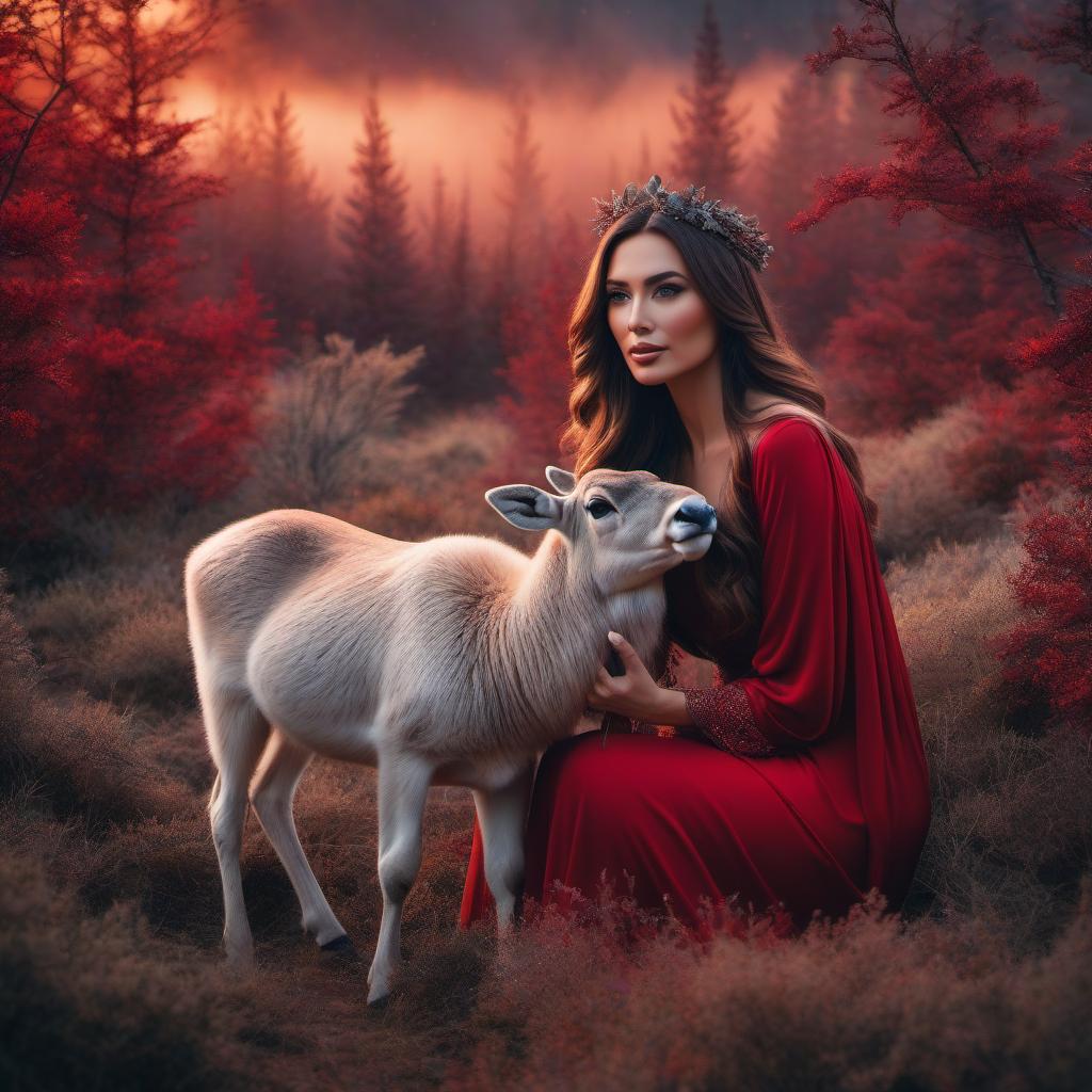  A beautiful woman with long chestnut hair in a red transparent dress pets a small, cute northern reindeer. Deep, saturated colors, magical, mystical, enchanting, fantastic, perfect proportions, perfect composition. hyperrealistic, full body, detailed clothing, highly detailed, cinematic lighting, stunningly beautiful, intricate, sharp focus, f/1. 8, 85mm, (centered image composition), (professionally color graded), ((bright soft diffused light)), volumetric fog, trending on instagram, trending on tumblr, HDR 4K, 8K