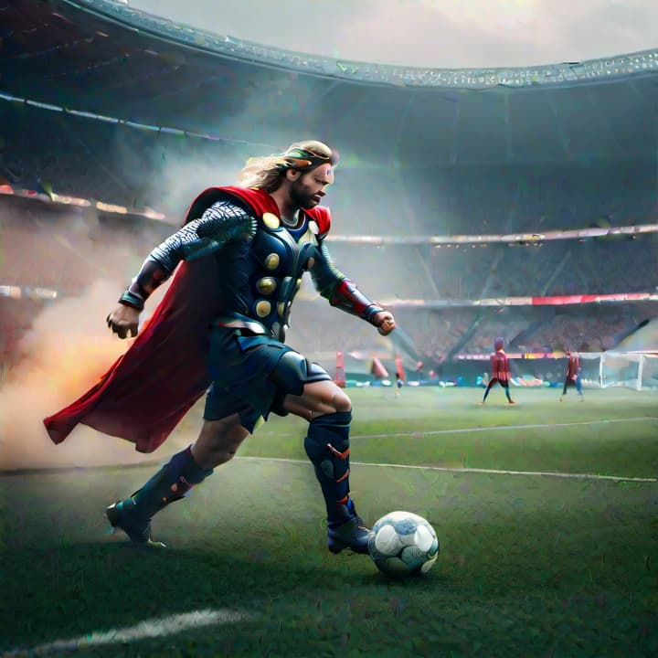  Thor is playing  soccer hyperrealistic, full body, detailed clothing, highly detailed, cinematic lighting, stunningly beautiful, intricate, sharp focus, f/1. 8, 85mm, (centered image composition), (professionally color graded), ((bright soft diffused light)), volumetric fog, trending on instagram, trending on tumblr, HDR 4K, 8K