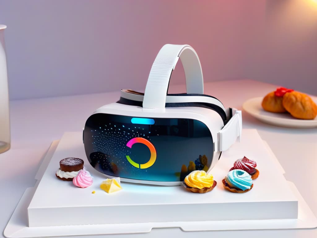  A closeup, ultradetailed 8k image of a virtual reality headset superimposed with intricate, colorful virtual pastries and baking tools floating around it. The headset appears sleek and modern, with a soft glow emanating from the lenses, highlighting the fine details of the digital desserts and utensils. The background is a subtle gradient of pastel colors, enhancing the overall minimalist aesthetic of the composition. hyperrealistic, full body, detailed clothing, highly detailed, cinematic lighting, stunningly beautiful, intricate, sharp focus, f/1. 8, 85mm, (centered image composition), (professionally color graded), ((bright soft diffused light)), volumetric fog, trending on instagram, trending on tumblr, HDR 4K, 8K