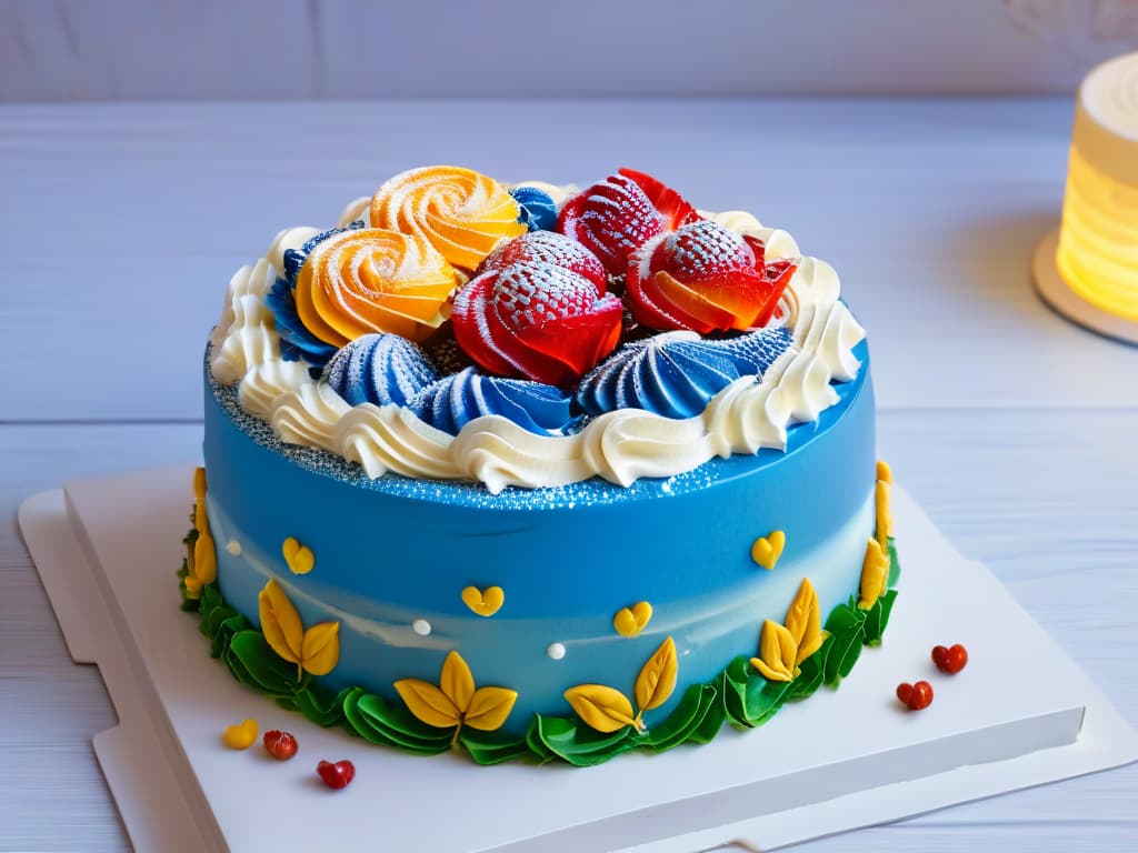  A closeup, ultradetailed image of a delicate, intricately decorated cake with vibrant colors and intricate designs, showcasing the artistry and skill involved in the world of pastry and baking. hyperrealistic, full body, detailed clothing, highly detailed, cinematic lighting, stunningly beautiful, intricate, sharp focus, f/1. 8, 85mm, (centered image composition), (professionally color graded), ((bright soft diffused light)), volumetric fog, trending on instagram, trending on tumblr, HDR 4K, 8K