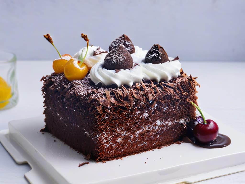  A minimalist, ultradetailed image of a slice of Black Forest cake on a sleek, modern plate. The cake is intricately layered with rich chocolate sponge, fluffy whipped cream, and dark cherries, all topped with chocolate shavings and a perfect cherry on top. The plate is set against a clean, white background, emphasizing the elegant simplicity of this classic dessert. hyperrealistic, full body, detailed clothing, highly detailed, cinematic lighting, stunningly beautiful, intricate, sharp focus, f/1. 8, 85mm, (centered image composition), (professionally color graded), ((bright soft diffused light)), volumetric fog, trending on instagram, trending on tumblr, HDR 4K, 8K