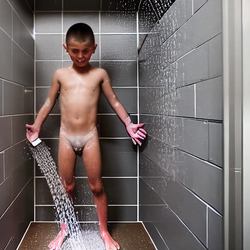  a young boy showering himself, washing his body in a soccer locker room shower