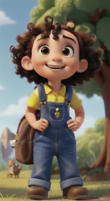  {Riley looking up at the tree with a big smile, animals surrounding them., Riley, a curious with big brown eyes and curly hair, wearing overalls and carrying a small backpack. Their friend, Skye, a bluebird with shiny feathers.