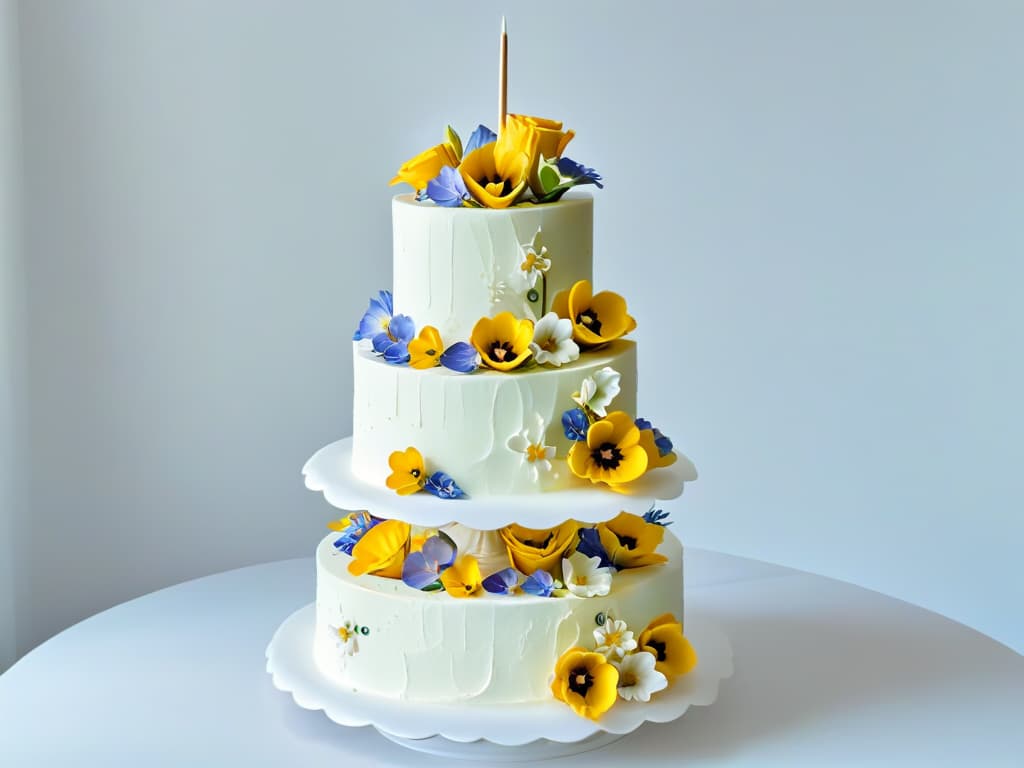  A photorealistic image of a beautifully decorated tiered cake, featuring intricate piping work, delicate fondant decorations, and vibrant edible flowers, all illuminated by soft, diffused lighting that highlights the textures and colors of the dessert. The cake is displayed on a pristine white cake stand, set against a simple, elegant background to emphasize the craftsmanship and artistry of the confection. hyperrealistic, full body, detailed clothing, highly detailed, cinematic lighting, stunningly beautiful, intricate, sharp focus, f/1. 8, 85mm, (centered image composition), (professionally color graded), ((bright soft diffused light)), volumetric fog, trending on instagram, trending on tumblr, HDR 4K, 8K