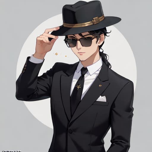  master piece , best quality,Black sunglasses, medium hat, black suit, 30 male, black hair, miniature character