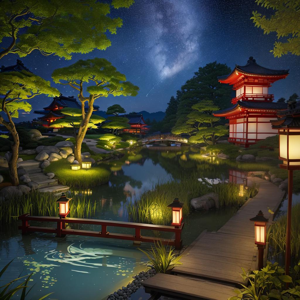  masterpiece, best quality,(fidelity: 1.4), best quality, masterpiece, ultra high resolution, 8k resolution, night view inspired by Japanese art, featuring a garden illuminated by paper lanterns and a wooden bridge spanning a tranquil lake with a small Zen temple by the lake. The water reflects the stars.