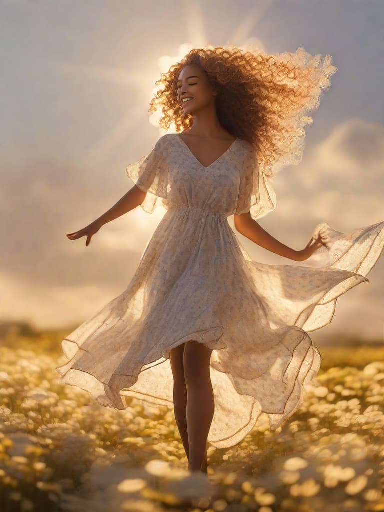  A delicate with curly locks twirls in a sheer summer dress as the sun beams down on her, casting a warm, golden glow. The dress flutters around her like a erfly's wings, the outline of her tiny frame. She closes her eyes and spins, feeling the gentle breeze brush against her skin, as she revels in the simple joys of hood.