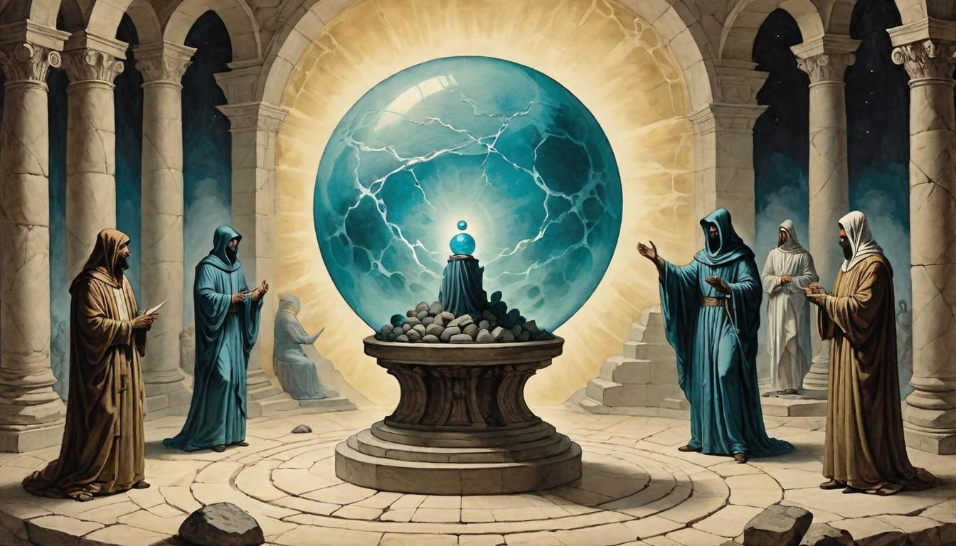  on parchment, surrealism+++, Veiled figures casting stones at a glowing orb on a pedestal, symbolizing targeted disdain and jeopardy, collective backlash, tainted triumph(mysterious, provocative, symbolic,muted color)+++