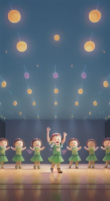  {Children singing and dancing with wide smiles and musical notes floating around them., Kids joyfully dancing and singing, showing their energy and happiness.