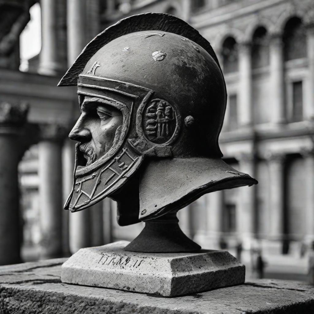  masterpiece, best quality, A close-up photograph of a weathered, worn-out gladiator with Roman numeral dates of 6/13/2016 and 3/8/2019 engraved on it. The helmet is placed on a stone pedestal, surrounded by subtle cracks and moss. The atmosphere is somber, evoking a sense of history and the passage of time. The style of the photograph is black and white, enhancing the vintage feel. Soft lighting from the side casts gentle shadows, highlighting the intricate details and adding depth to the image. The realization is a high-resolution photograph taken with a vintage film camera, giving it a nostalgic and timeless quality.