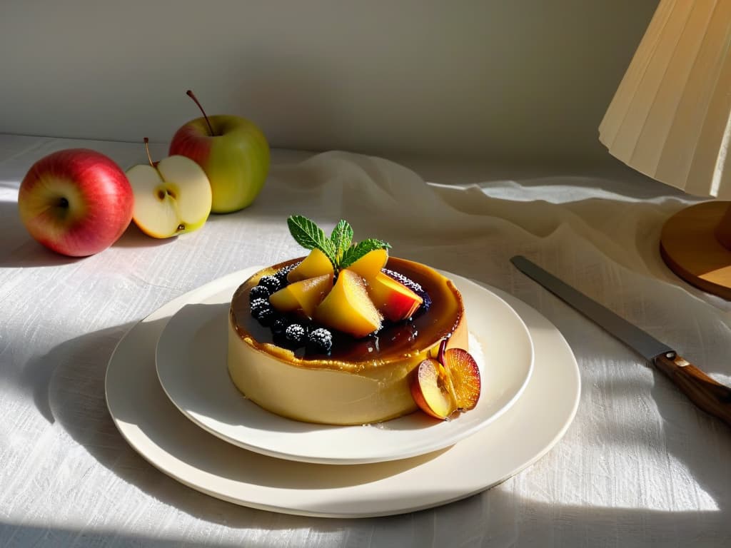  A photorealistic image of a rustic French kitchen with a vintage wooden table set for a charming afternoon tea, showcasing a beautifully caramelized Tarta Tatin as the centerpiece. The goldenbrown apple slices glisten under a light dusting of powdered sugar, accompanied by a dollop of freshly whipped cream and a sprig of fragrant mint on elegant porcelain plates. Sunlight filters through lace curtains, casting soft shadows on the scene, evoking a warm and inviting ambiance reminiscent of a cozy countryside retreat in France. hyperrealistic, full body, detailed clothing, highly detailed, cinematic lighting, stunningly beautiful, intricate, sharp focus, f/1. 8, 85mm, (centered image composition), (professionally color graded), ((bright soft diffused light)), volumetric fog, trending on instagram, trending on tumblr, HDR 4K, 8K