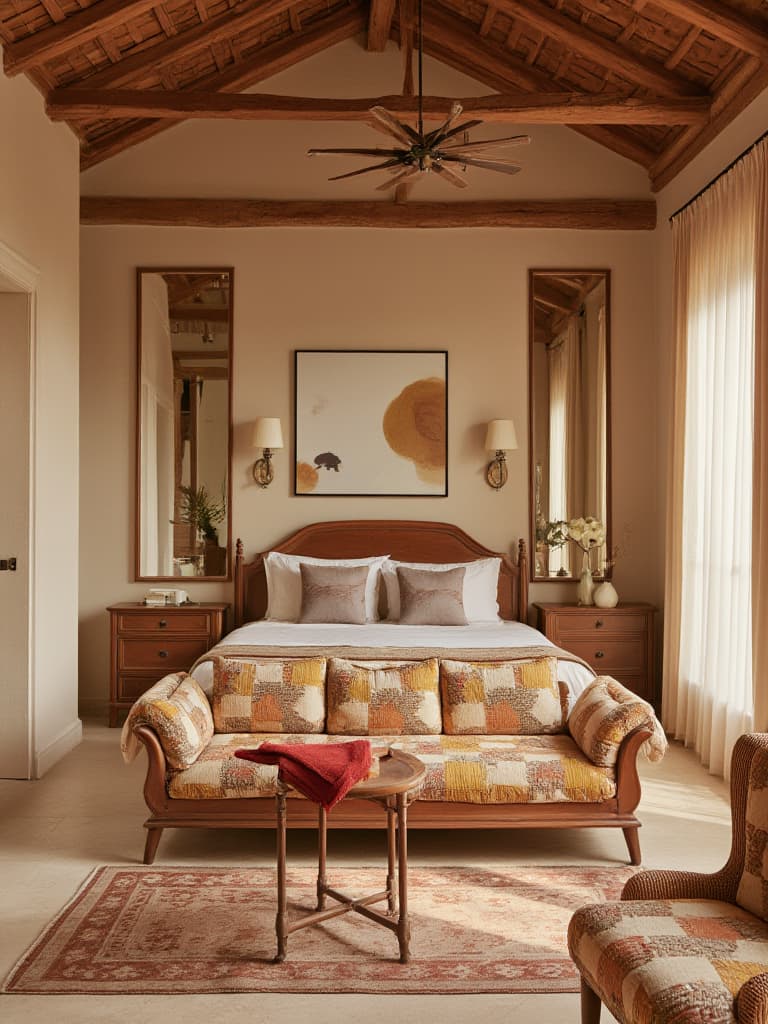  capture a master bedroom reminiscent of mediterranean style, defined by warm colors, natural textures, rustic elements, and a relaxed ambiance. this 8k unedited photo, styled after mario testino, employs a dutch angle for a creative perspective, enhancing the room's intricate, dense furnishings and decorations. the seating features a multicolored geometric patchwork upholstery, seamlessly blending into the scene. employing volumetric lighting and styled with a blend of three dimensional visuals in soft pastel colors, the image evokes a romantic movie still. the background's soft, diffused light and intricate blur magnify the room's stunning beauty.