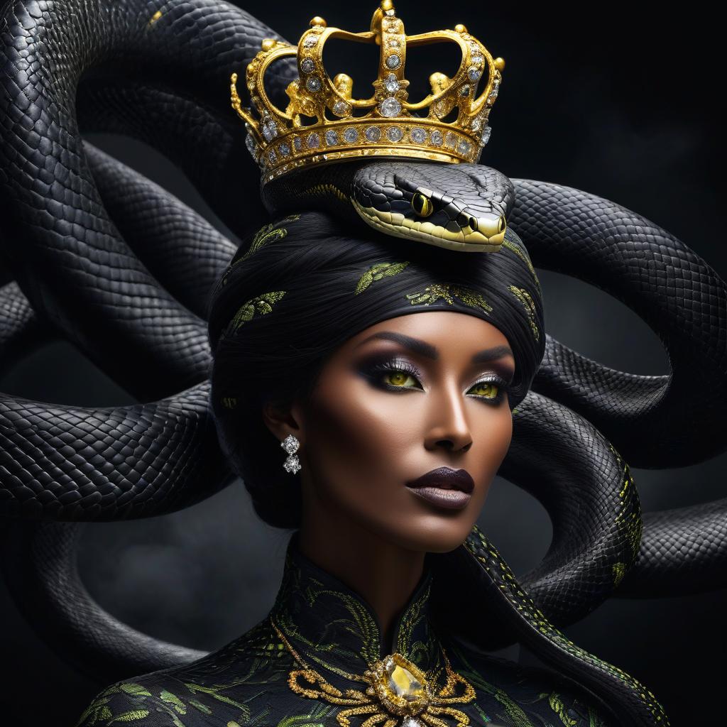  Magnificent black snake with yellow green eyes on a crown on its head against a black background with a sprinkling of diamonds. Detailed image. hyperrealistic, full body, detailed clothing, highly detailed, cinematic lighting, stunningly beautiful, intricate, sharp focus, f/1. 8, 85mm, (centered image composition), (professionally color graded), ((bright soft diffused light)), volumetric fog, trending on instagram, trending on tumblr, HDR 4K, 8K