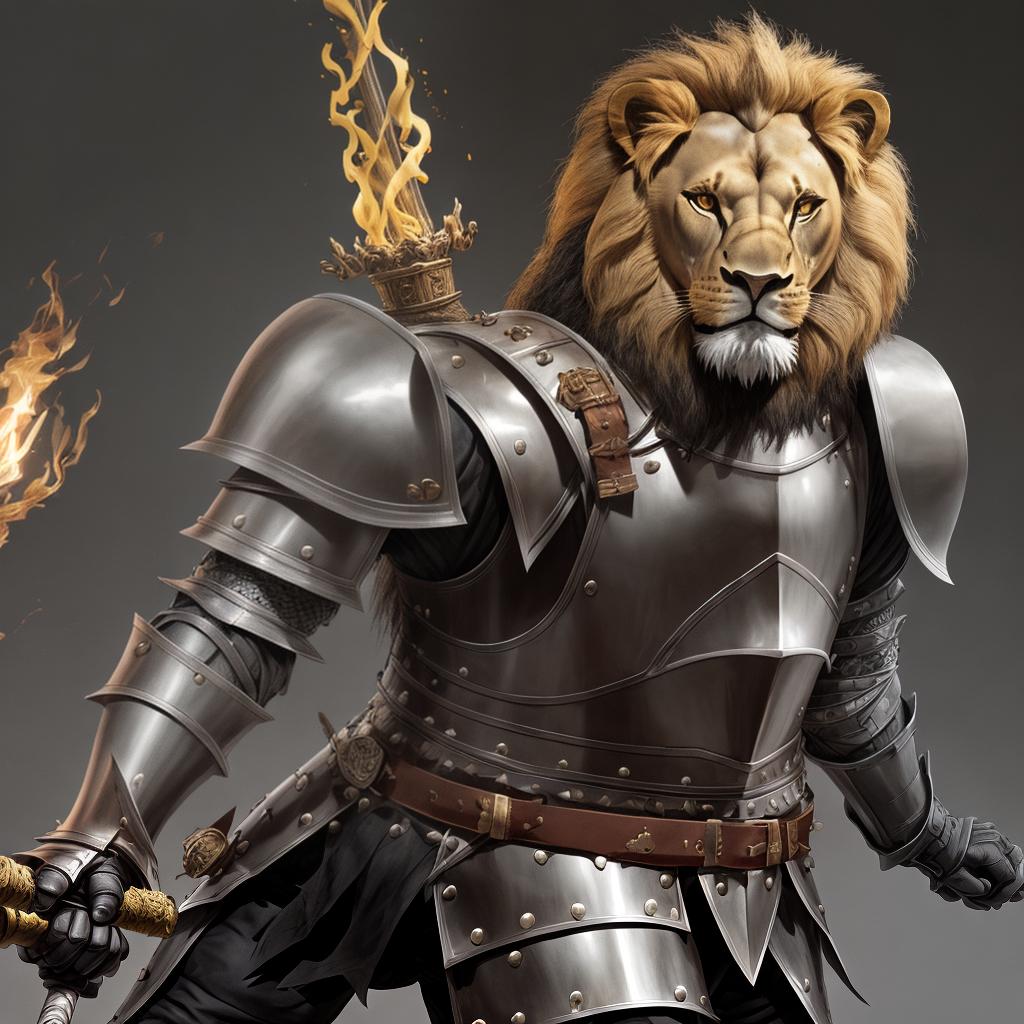  knight, leather lion armor, holding torch and stick