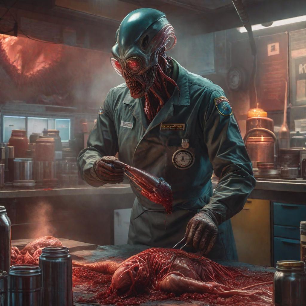  a painting of a scientist experimenting a flesh of an alien species, gore, brutal, gory, horror, dark hyperrealistic, full body, detailed clothing, highly detailed, cinematic lighting, stunningly beautiful, intricate, sharp focus, f/1. 8, 85mm, (centered image composition), (professionally color graded), ((bright soft diffused light)), volumetric fog, trending on instagram, trending on tumblr, HDR 4K, 8K